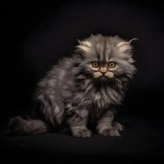 A grey Persian cat sits against a black background, exuding a melancholic and soulful presence. Discover the captivating charm of this poignant feline portrait.