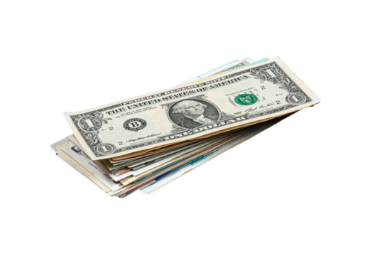 ein freigestellter Stapel verschiedener Banknoten auf einem transparentem hintergrund