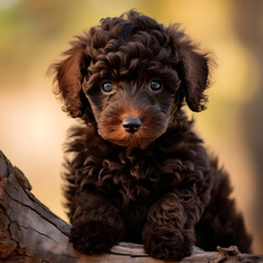 Nature's Delight: A small brown puppy perches on a tree branch, nestled within a serene landscape. This super cute image captures the essence of playful innocence in the embrace of nature's beauty.