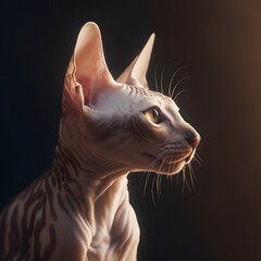 Captivating Elegance: Behold the dramatic portrait of a Sphinx cat kitten, its mesmerizing presence capturing the essence of graceful beauty. Experience the enchantment of this captivating feline.