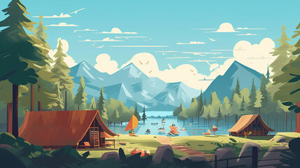 Colorful illustration of camping in the mountains or in the forest. AI generation