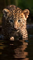 Curious Wonder: Meet the adorable leopard cub as it gazes with wonder into the water, its little eyes filled with curiosity. Experience the charm and innocence of this captivating young feline.