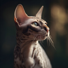 Behold the dramatic portrait of a Sphinx cat kitten, captivating with its mesmerizing gaze and distinctive features. Experience the enchanting allure of this feline beauty.