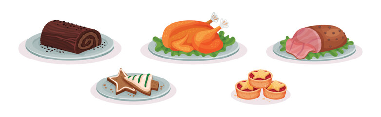 Festive Christmas Food and Served Dish Vector Set