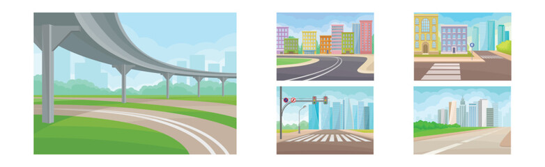 Empty City Road with Asphalt, Traffic Light and Building Vector Set
