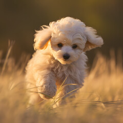 Joyful Freedom: Immerse yourself in the boundless energy of a white poodle puppy as it runs through a sun-kissed field. Experience the pure delight and exuberance captured in this captivating image.
