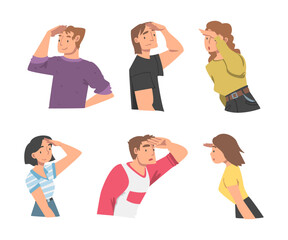 Looking Into Future People Character with Their Hands on Forehead Vector Illustration Set