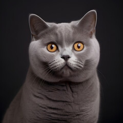 Timeless Elegance: A British Shorthair cat poses against a striking black background, captured in the style of a high-quality photo. Experience the captivating beauty and sophistication of this exquis
