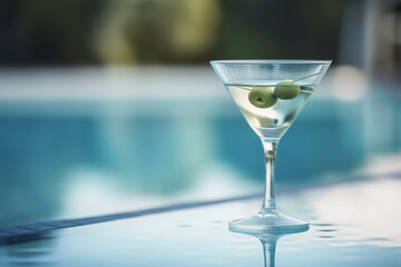 Tini cocktail on poolside by pool. Generative AI illustration