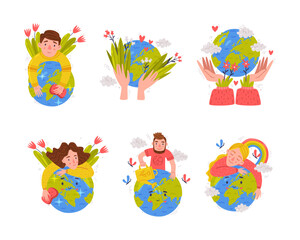Fototapeta premium Care About Planet with Green Globe as Ecology and Environment Protection Vector Sticker Set