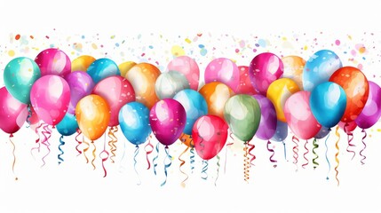 Happy Birthday banner. Illustration of colorful balloons with ribbons and shiny pieces of serpentine on white background. Ai generated