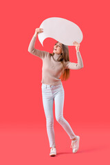 Young woman with blank speech bubble on red background