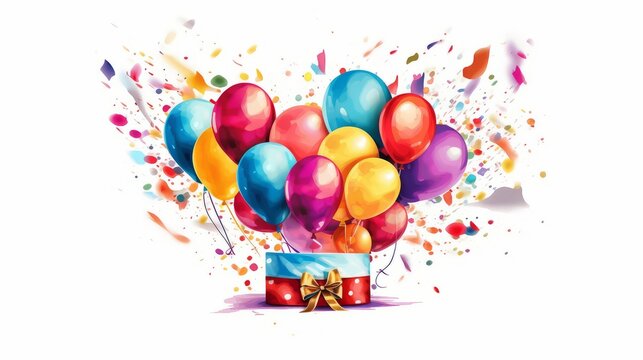 Happy Birthday party card. Colorful balloons on white background. Design for poster. Ai generated