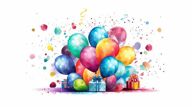 Happy Birthday and celebration card. Colorful balloons and gift box on white background. Design for poster. Ai generated