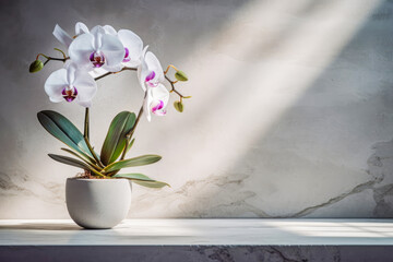 Marble empty table for presentation with orchid flowers in pot opposite marble wall. Scene stage showcase for beauty products, cosmetics, promotion sale or advertising. Front view. Generative ai