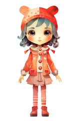 Cute girl doll cartoon character illustration in a red dress, watercolor isolated on white or transparent background. Generative AI