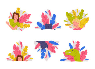 Woman and Animals Peeking Out of Window and Corner with Colorful Foliage Vector Set