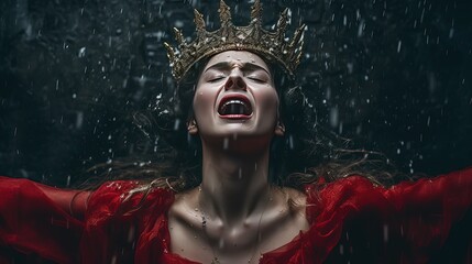 a queen is crying in rain, dramatic sad expression, Generative Ai