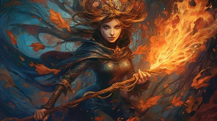 illustration strong and powerful fire mage is casting fire magic spell, idea for fantasy wallpaper, Generative Ai © QuietWord