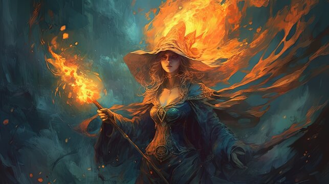illustration strong and powerful fire mage is casting fire magic spell, idea for fantasy wallpaper, Generative Ai