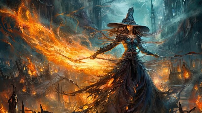 illustration strong and powerful fire mage is casting fire magic spell, idea for fantasy wallpaper, Generative Ai