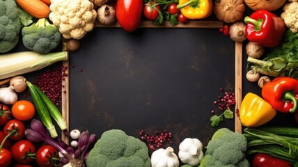 Empty frame in the middle of different vegetables lying on the table. Generative AI