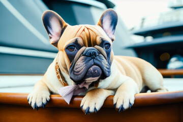 Digital photo of a cute French bulldog  at the helm of a luxury yacht on a sunny day. Wildlife imagery, the concept of ecological environment. Generative AI