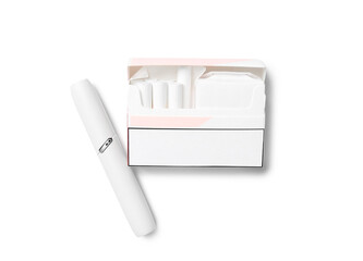 Modern electronic cigar and pack of sticks isolated on white background