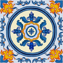 Antique Watercolor Tile with Floral Ornament - 610739312