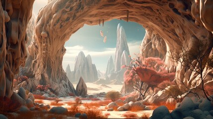 Alien landscape with bizarre rock formations, strange plants, and exotic creatures, transporting the viewer to an unknown and fantastical world