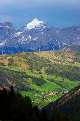 Tofana mountain group seen from Passo Gardena, with the highest peak Tofana di Rozes. Dolomites Alp Mountains, Belluno Province, Dolomiti Alps, Italy