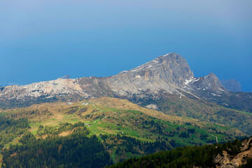 Fototapeta premium Tofana mountain group seen from Passo Gardena, with the highest peak Tofana di Rozes. Dolomites Alp Mountains, Belluno Province, Dolomiti Alps, Italy