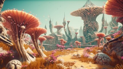 Obraz premium Alien landscape with bizarre rock formations, strange plants, and exotic creatures, transporting the viewer to an unknown and fantastical world