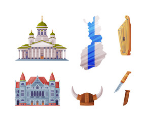 Finland Country Symbol with Cathedral, Theatre, Boundary, Kantele, Viking Helmet and Knife Vector Illustration Set