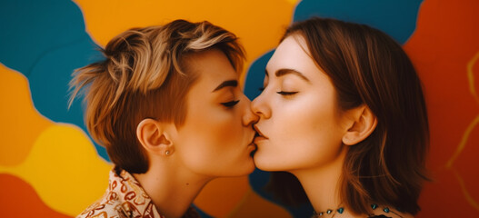 portrait of a lesbian couple kissing each other in romantic way. Image generative AI.
