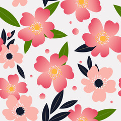 Wild rose in a seamless pattern. Rosehip flowers are soft pink on a light gray background. 