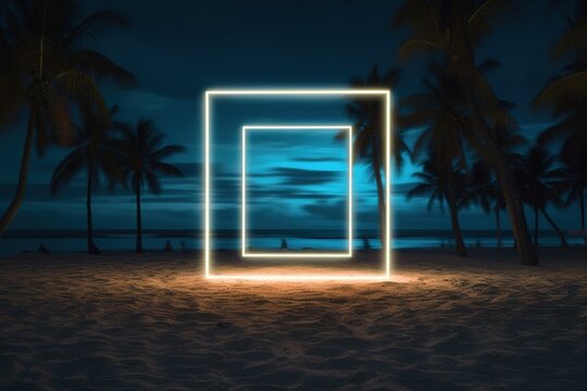 Door to the sea. Illuminated square frame on beach sand and palm avenue. generative ai