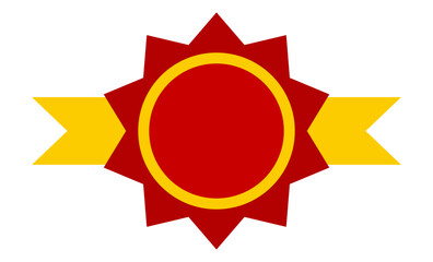 Red award ribbon badge. Medal symbol. Vector illustration isolated on white.