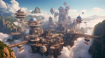 Wonderful city suspended in the sky, with intricate architecture, floating platforms, and breathtaking vistas