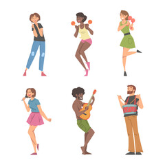 Fototapeta premium People Character Musician Conducting and Performing Music Playing Musical Instrument and Singing Vector Set