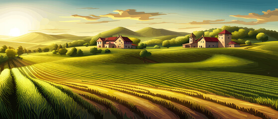 Italy landscape with houses, fields, and trees in the background. Vector illustration. Flat design poster. European