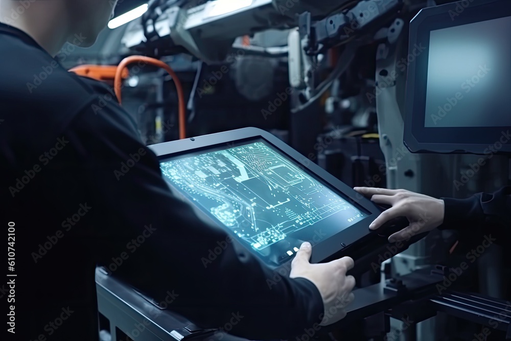 Poster engineer working on tablet computer in factory. industrial and technology concept, an engineer rearv
