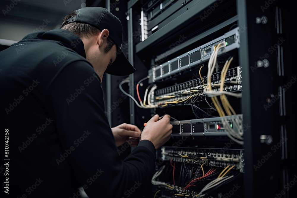 Wall mural technician repairing server in data center. technology and internet concept. an it engineer close up