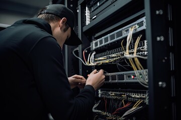 Fototapeta na wymiar Technician repairing server in data center. Technology and internet concept. An IT Engineer close up shot of fixing server problem, AI Generated