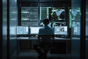 Fototapeta premium Rear view of man sitting in front of computer monitors in dark room, An IT specialist rear view working on a personal data security, AI Generated