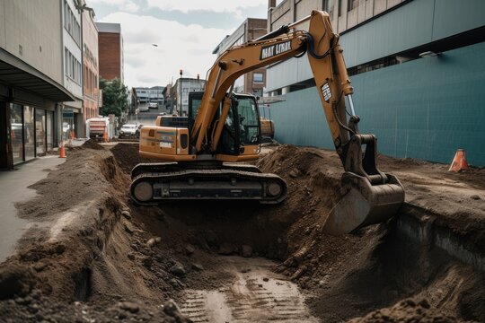Excavator working on a construction site. Heavy duty construction equipment at work. An excavator digging a deep pit on an urban road, AI Generated