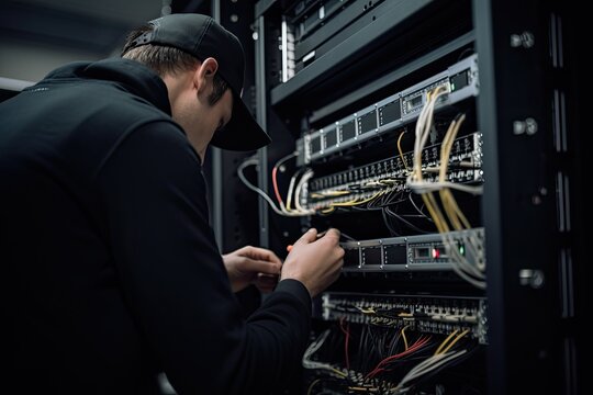 Technician repairing server in data center. Technology and internet concept. An IT Engineer close up shot of fixing server problem, AI Generated