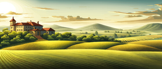 Italy landscape with houses, fields, and trees in the background. Vector illustration. Flat design poster. European