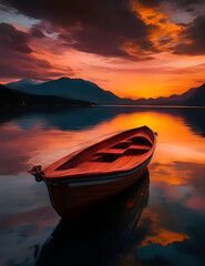 The boat peacefully glides across the calm lake, leaving a gentle ripple in its wake in the tranquil evening, picturesque lake encircled by majestic mountains creates a captivating natural environment