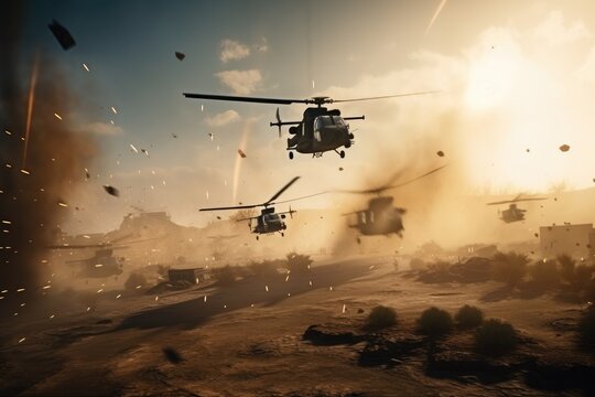 The military fighting scene on war fog sky background, Attack scene. Armored vehicles. Tanks battle. Attack helicopters flying in a warzone and shooting, AI Generated
